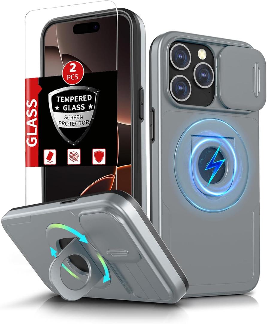 for iPhone 16 Pro Case Magnetic Compatible with MagSafe Wireless Charging,with 2 Screen Protectors,Built-in 360Kickstand Ring+Camera Cover Anti-Scratch Shockproof Heavy Duty Protection Grey (Gray)