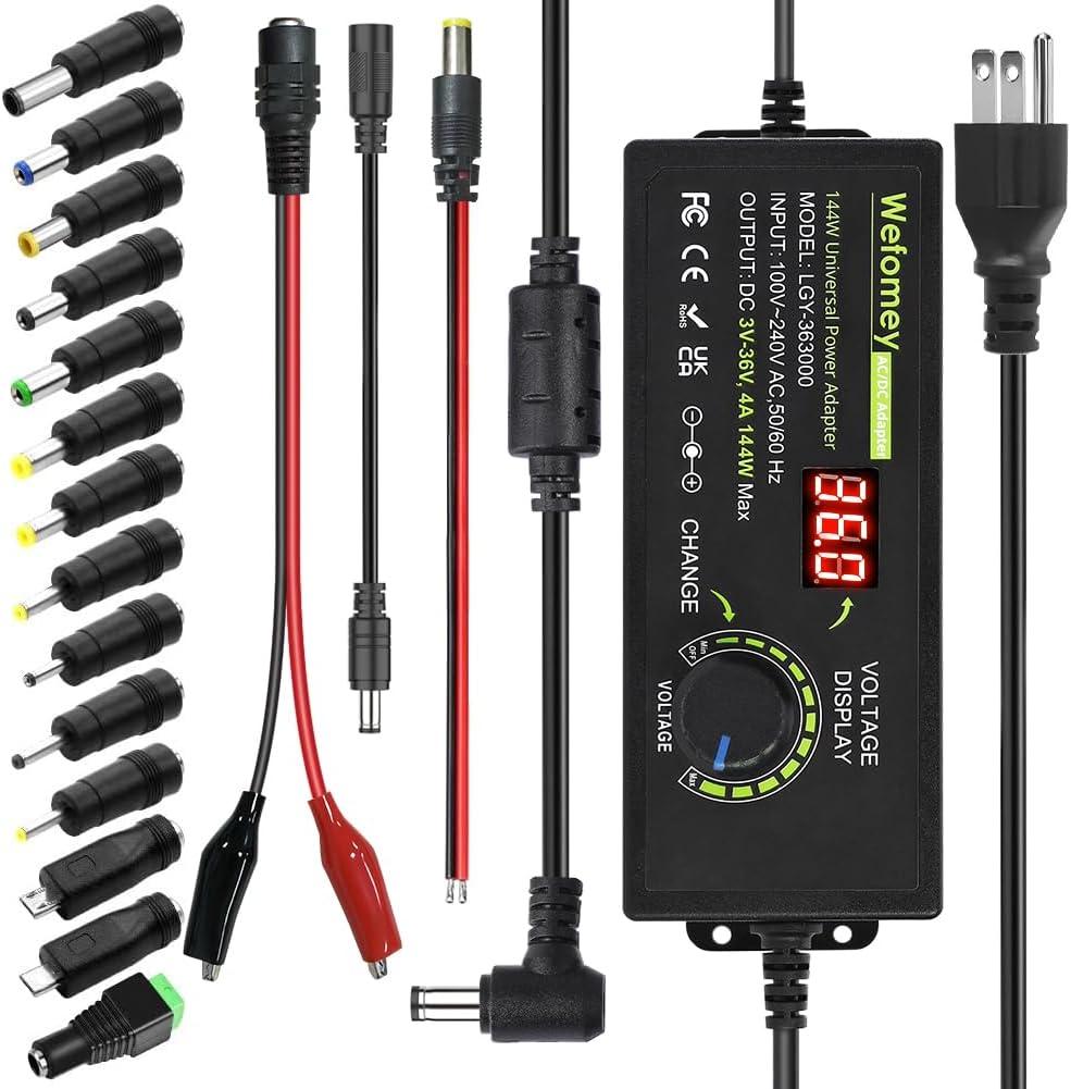 3V~36V 4A 144W Universal Power Supply 3V 5V 6V 9V 12V 15V 18V 20V 24V 30V 36V Adjustable Variable Switching AC/DC Adapter, 100V-240V AC to DC Converter with 14 Tips & Polarity Converter & Test Lead
