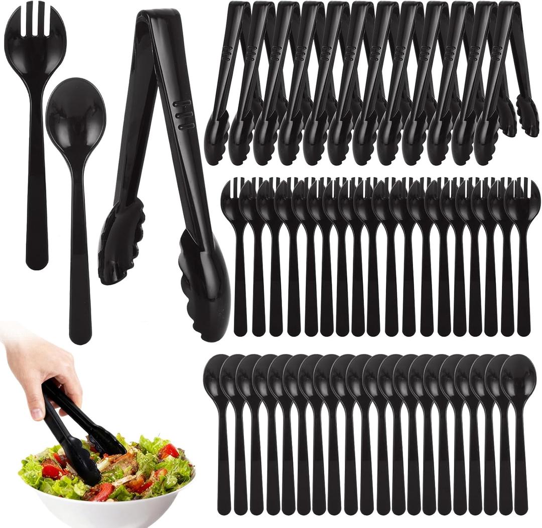 48 PCS Disposable Serving Utensils, Plastic Serving Spoons, Forks, and Tongs, Black Serving Utensils Set for Party, Buffet Serving Utensils for Restaurant, Dinner, Salad, Noodles, Soup