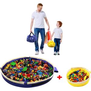 Toy Storage Mat Bag by Drawstring for Lego - Play Mat Bag Toy Storage Container for Kids with Cap can as Gift (2Pcs = Big Blue + Mini Yellow)