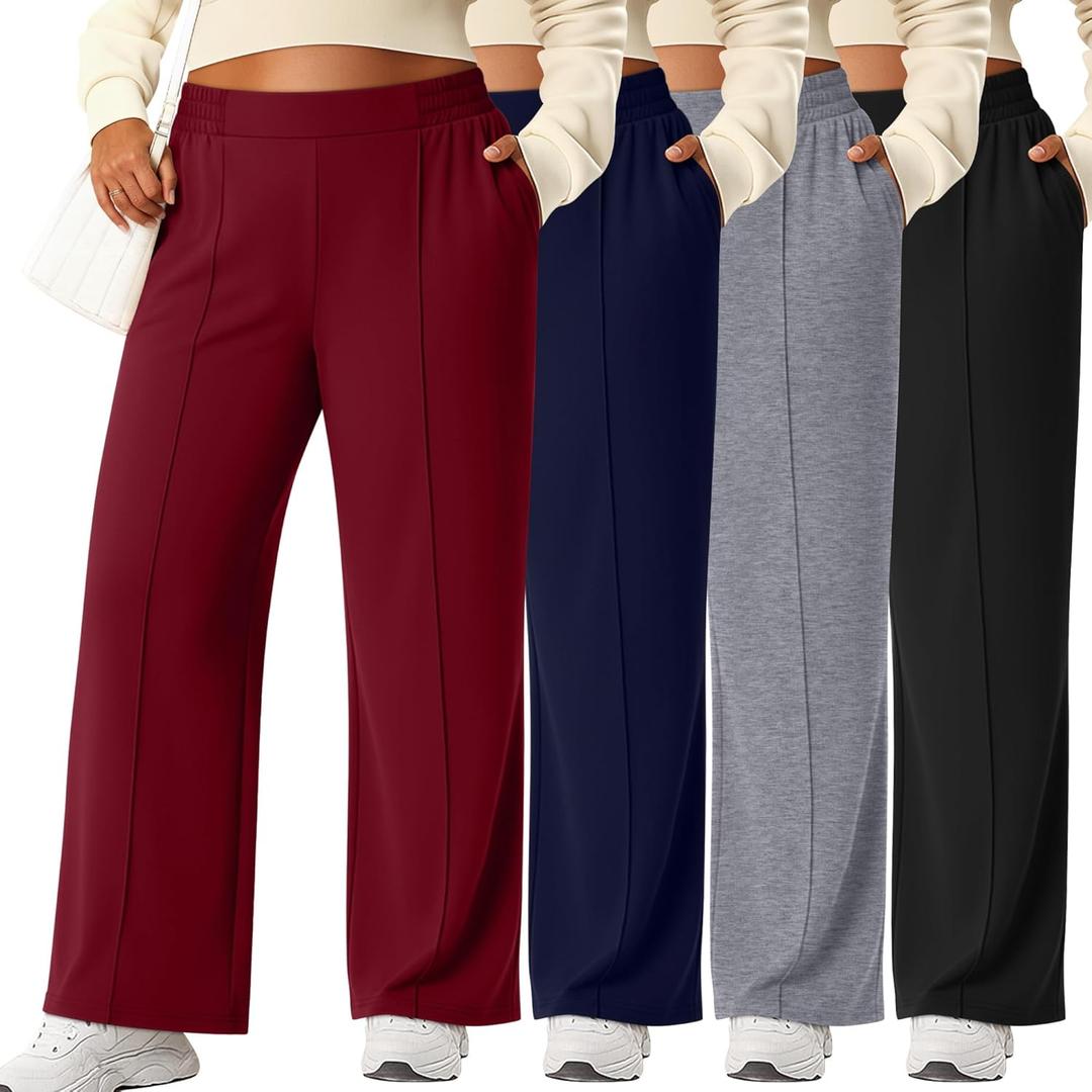 Neer 4 Pack Women's Plus Size Lounge Pants, High Waisted Wide Leg Front Seam Sweatpants Yoga Casual Baggy Pants with Pockets, 3XL