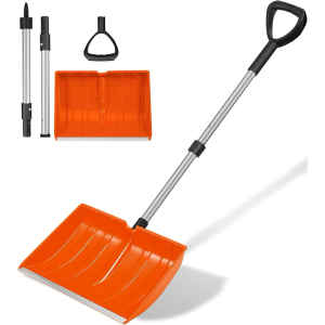Snow Pusher Shovel for Driveway, Wide Snow Shovel for Car Garage, Sidewalks and Doorways, Professional Snow Pusher with Ergonomic D-Grip Handle Aluminum Strip, Orange