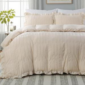 MOVE OVER 3 Pieces Beige Ruffle Comforter Set Queen Size Shabby Chic Boho Bedding Sets for Bedroom Ultra Soft and Fluffy Ruffled Comforter Set All Season Striped Textured Design Farmhouse Bedding Set