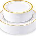 100 Piece Disposable Gold Plastic Party Plates, Including 50 10 Inch Dinner Plates and 50 7 Inch for Dessert, Great for Parties, Weddings, Home Use, and Christmas