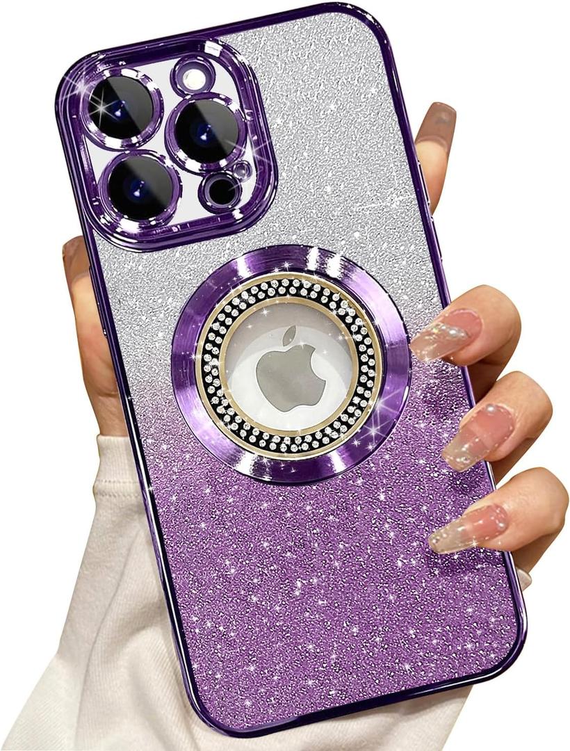 Misscase for iPhone 15 Pro Max Magnetic Glitter Case Compatible with MagSafe,Full Protection Slim Shockproof Anti-Scratch Case with Camera Lens Protector Logo View Dust-Proof Net for Women, Purple