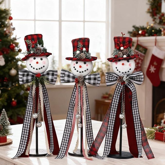 Chunful 3 Pcs Christmas Snowman Table Decorations Black and White Red Plaid Standing Snowman Wooden Sign with Hat for Xmas Winter Rustic Indoor Tabletop Centerpieces Mantel Tiered Tray Decor Supplies