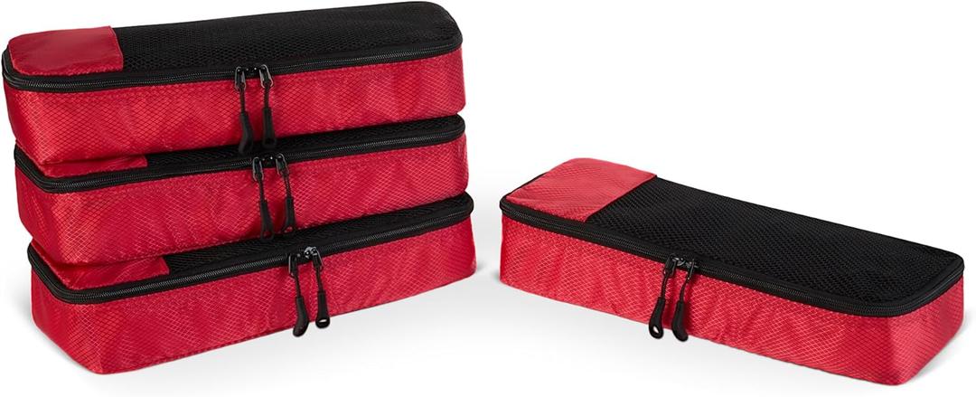 Amazon Essentials 4-Piece Space-Saving Packing Cubes Travel Accessories Set, Luggage Organizer with Double Zipper, Mesh Top, Polyester, Slim, Red (Previously Amazon Basics)