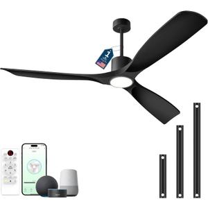 60" Ceiling Fan with Lights,Outdoor Wood Ceiling Fan 3 Blade,Compatible with Alexa/App/Remote,3-Color Light 6-Speed Quiet Reversible DC Motor for Patio,Black