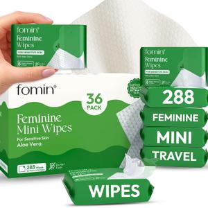 FOMIN Feminine Wipes for Women - 36 Pack (288 Wipes) - pH Balanced Aloe Vera Intimate Cleansing Wipes - Wipes for Sensitive Skin - Individual Packets -Travel Essentials & Gifts for Women & Teen Girls