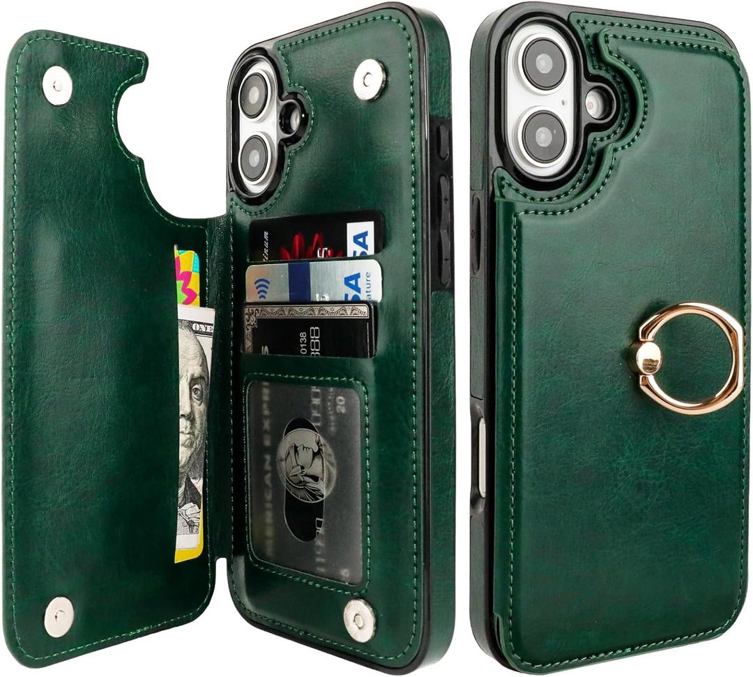ONETOP for iPhone 16 Plus Wallet Case with Card Holder, 360 Rotation Ring Kickstand RFID Blocking PU Leather Double Magnetic Clasp Shockproof Cover for Women and Girls 6.7 Inch (Green)
