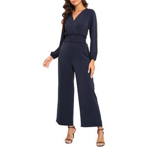 YUNDAI Womens Jumpsuit Fall Long Sleeve V Neck Casual Loose One Piece Outfits Wrap Waist Pants Long Romper with Pockets (Medium)