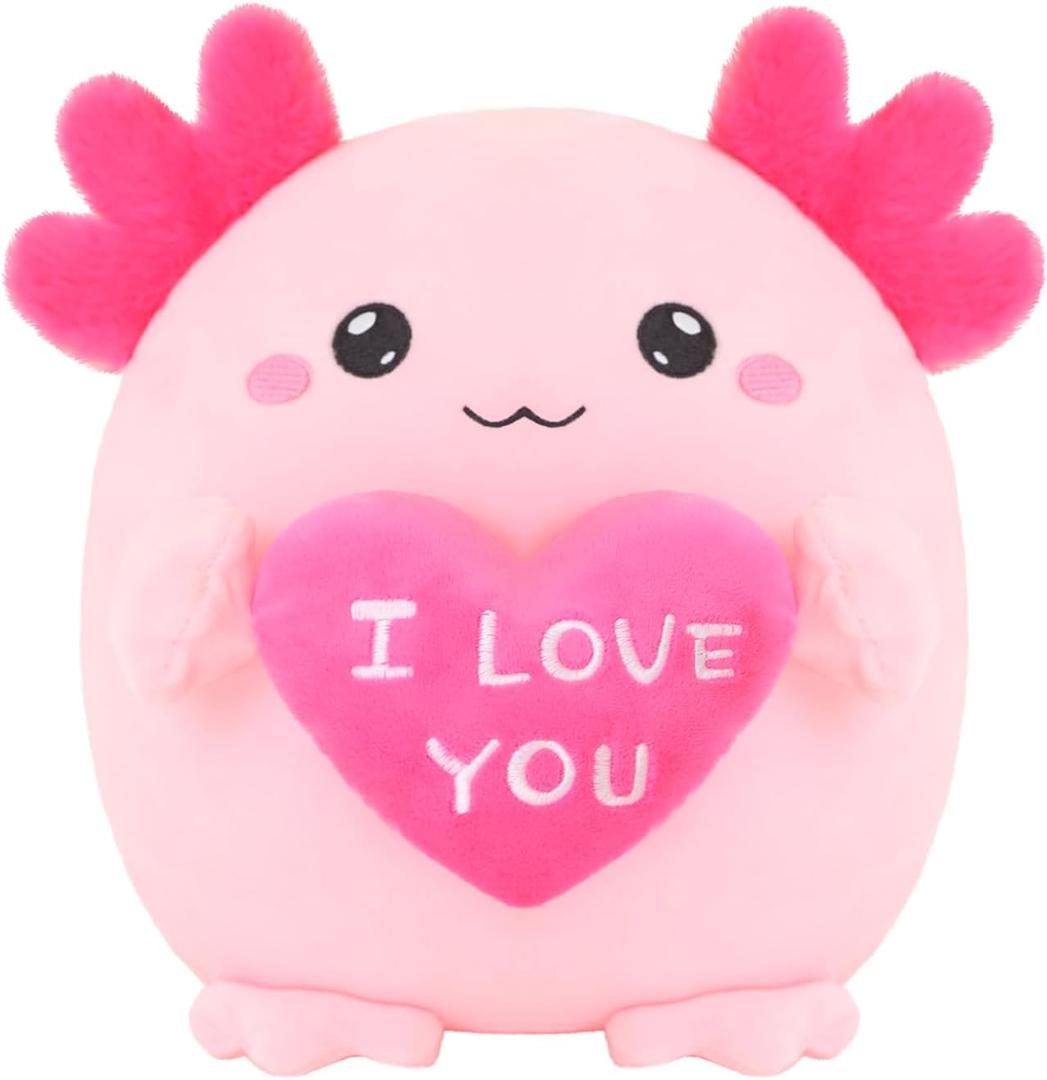 Finebee Axolotl Stuffed Animal, Loving Axolotl Plush Toys with Holding Heart I Love You for Valentine's Day, Sweet Romantic Anniversary Birthday Gift for Girlfriend/Boyfriend(Pink,10 inch)