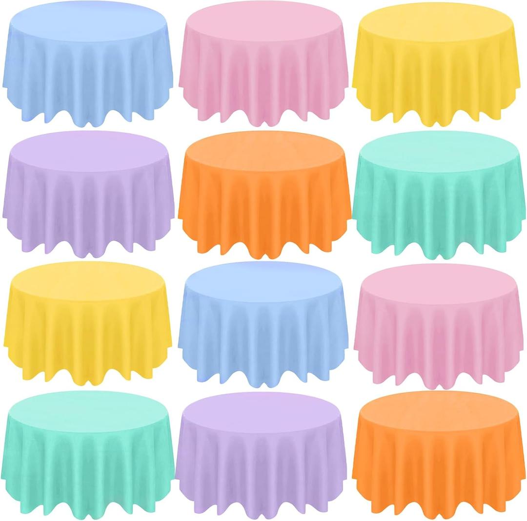 CIEOVO 12 Pcs Round Spring Easter Tablecloths, Plastic Pastel Color Table Cloths Plastic Disposable Tablecloth Pastel Table Cover for Spring Easter Birthday Wedding Baby Shower Party Decorations