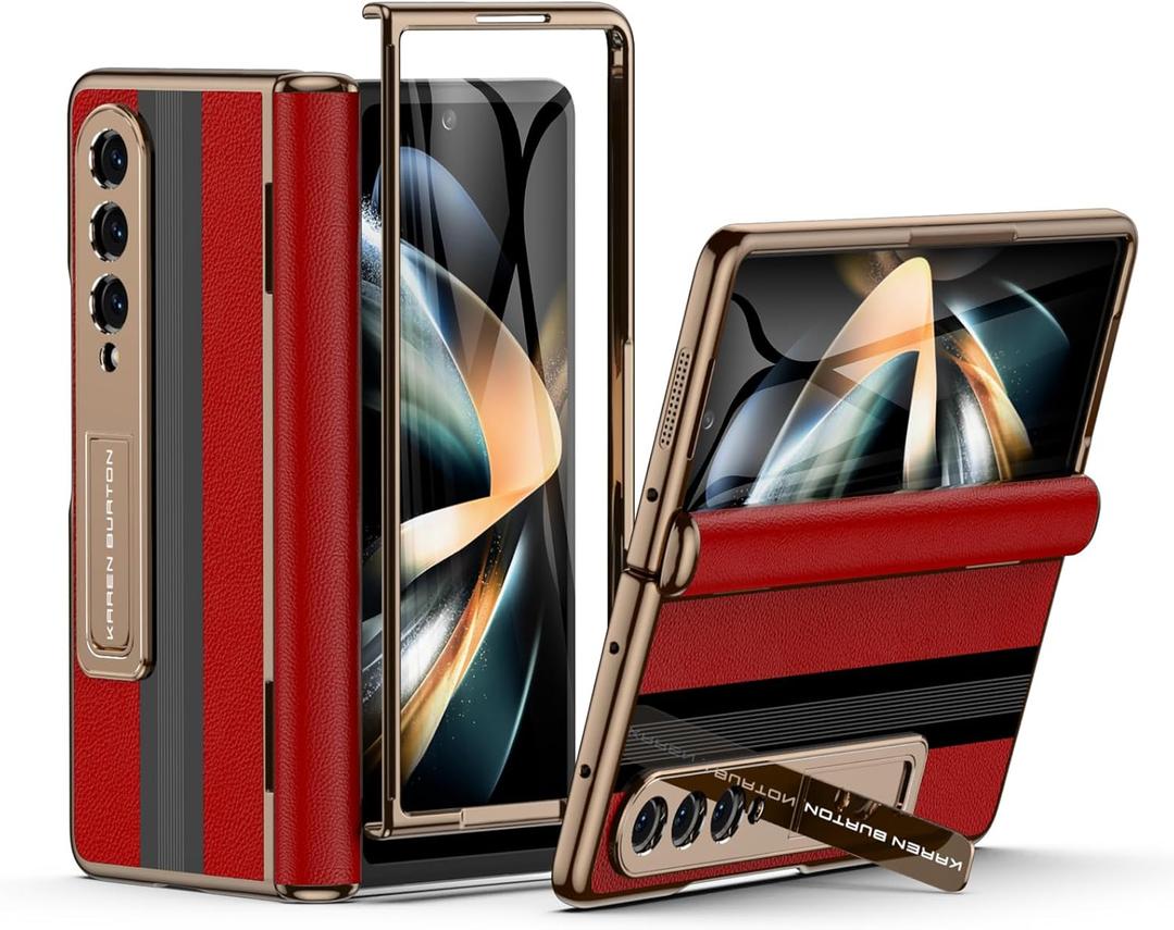 for Samsung Galaxy Z Fold 4 Phone Case [Luxury Premier Genuine Leather][Full Body Hinge Protection][Built-in Screen Protector][Kickstand Drop Proof Protective Cover] for Z Fold4 (Red)