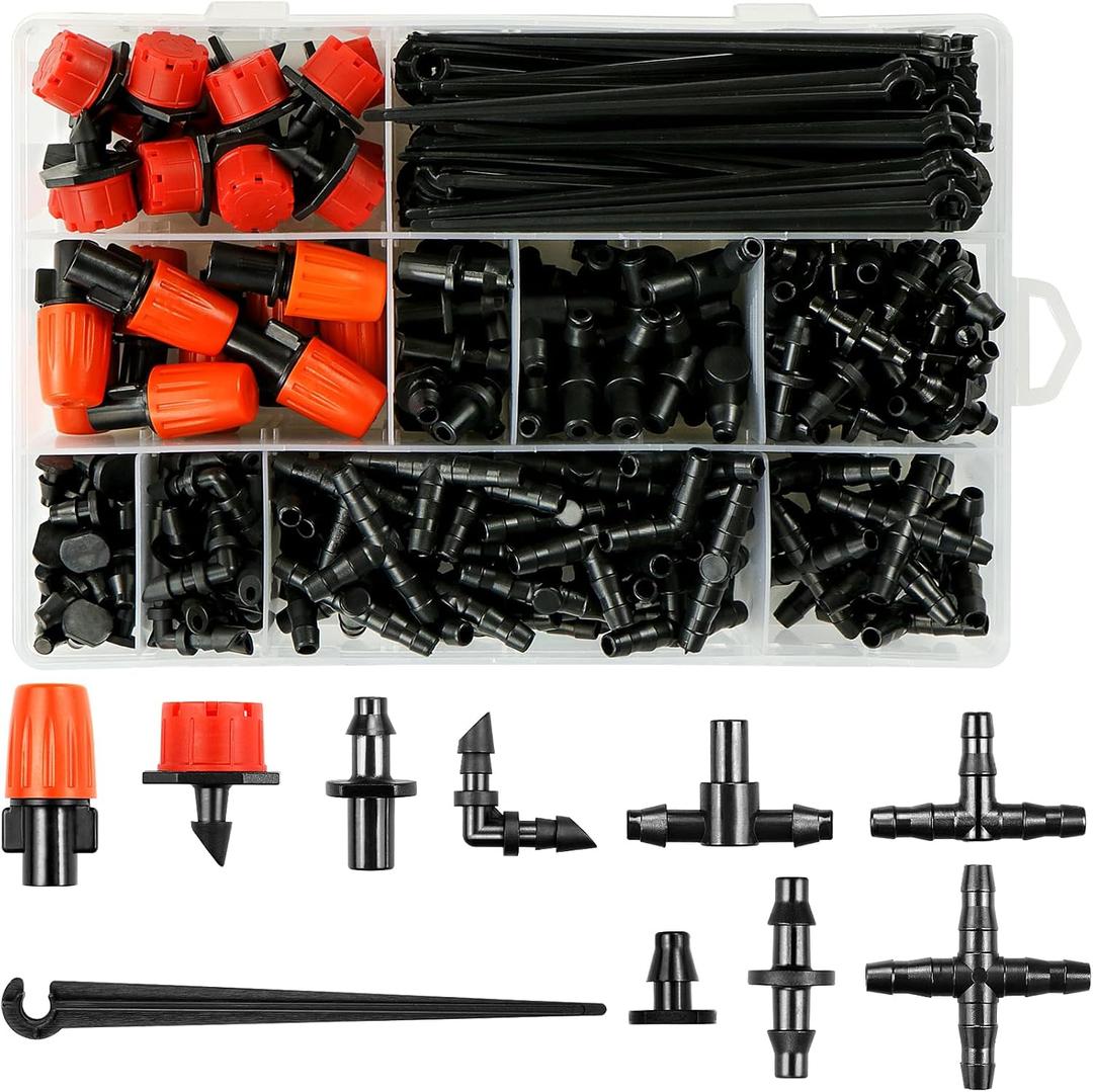 246 Pcs Drip Irrigation Fittings Kit for 1/4" Tubing, 1/4 Inch Drip Line Parts Barbed Connectors (Coupling, Tee, Elbow, End Plug, Cross, Single Barb, Nozzle, Nozzle Tee, Dripper, Drip Stake)