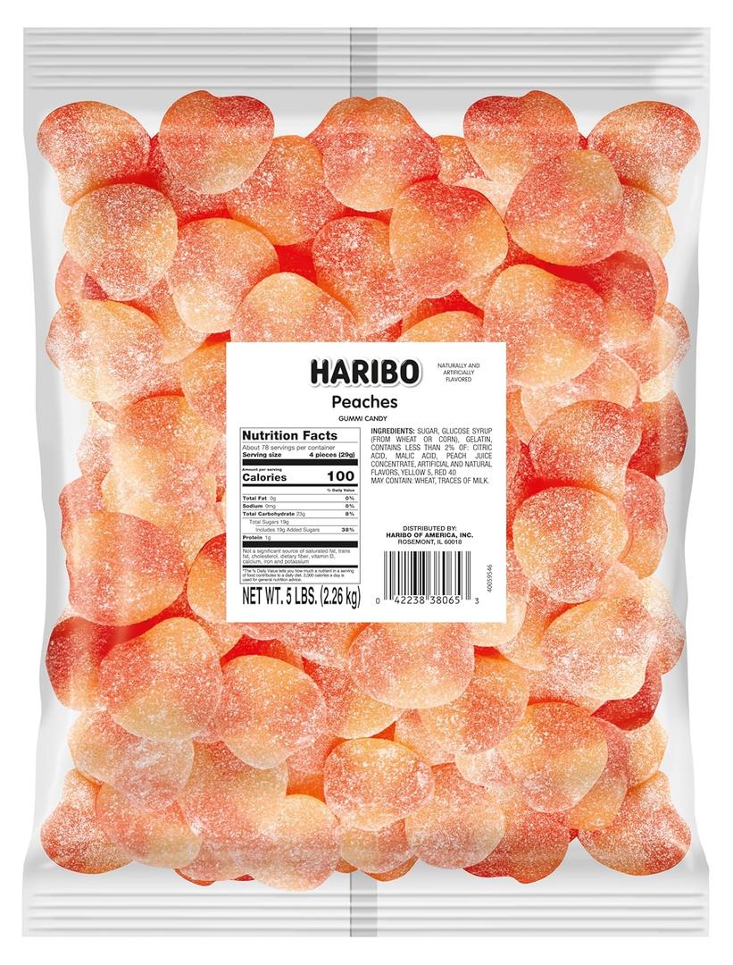 Haribo Gummi Candy, Peaches, 5-Pound Bag