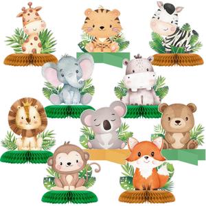 Gueevin 10 Pcs Safari Honeycomb Centerpieces for Baby Shower & Birthday Party Decorations, Jungle Animal Table Centerpieces Set(Cute Animals)