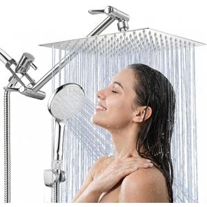 Shower Head, 8 Inch High Pressure Rainfall Shower Head/Handheld Shower Combo with 11 Inch Extension Arm, 9 Settings Adjustable Anti-leak Shower Head with Holder/Hose, Height/Angle Adjustable