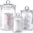 Whole Housewares - Set of 3 Bathroom Canisters - Storage Container Jars - Premium Glass Apothecary Jars with Lids - Small Glass Jar for Kitchen or Bathroom Storage - Decorative Crystal Containers