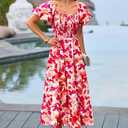 PRETTYGARDEN Women's Casual Summer Midi Dress Puffy Short Sleeve Square Neck Smocked Tiered Ruffle Dresses (S)