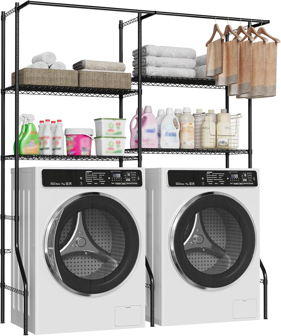 Garvee Over Washer and Dryer Storage Shelves, Heavy Duty 4 Tiers Laundry Room Storage and Organizer System, Adjustable Height Clothes Drying Rack with 2 Clothes Hanger Rods, Space Saving