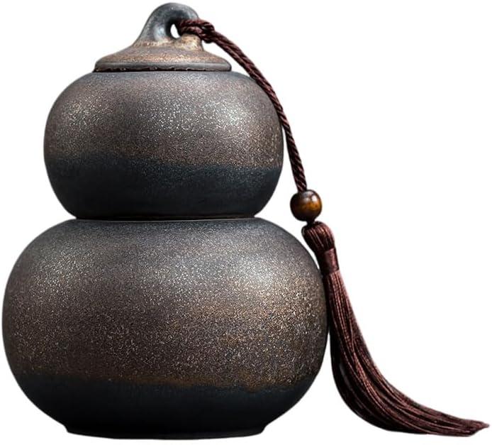 Ceramic Airtight Canister,22 Oz /660ml,Gourd Shap 2 Layers Tea Candy,Food Storage Jar for Coffee,Beans,Herb,Spices,Nuts (Stone Golden)