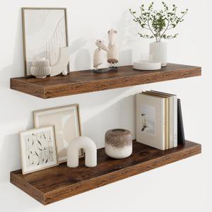 Marsmiles 32in Floating Shelves for Wall, 32" W x 9.25" D x 1.25" H, 2 Pack Long Wall Mounted Engineered Wood Shelves with Invisible Brackets for Living Room, Bedroom, Bathroom, Kitchen, Rustic Brown