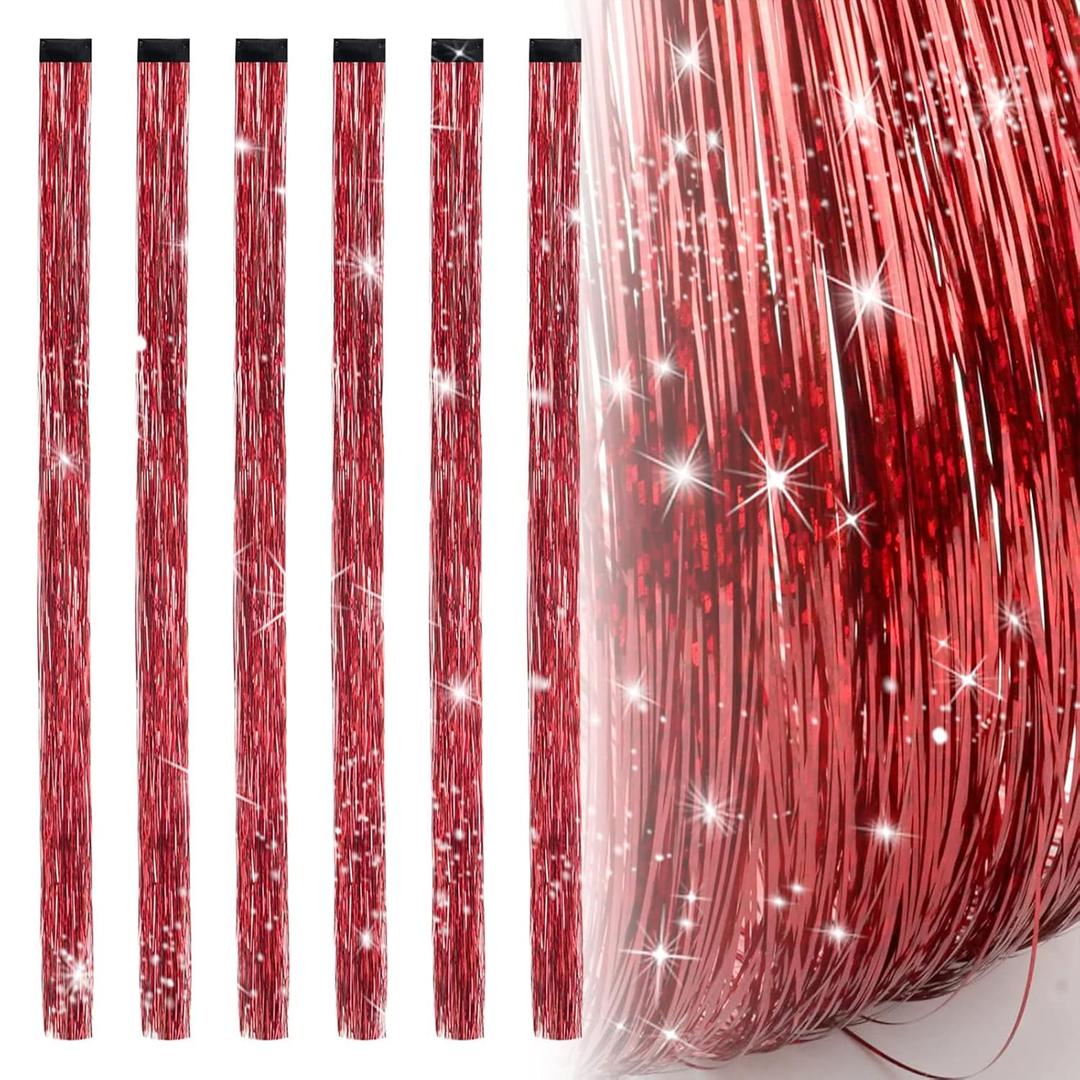 19.7 Inch Clip In Hair Tinsel Fairy Hair Tinsel Kit Clips Clip On Glitter Hair Tinsel Extensions Red