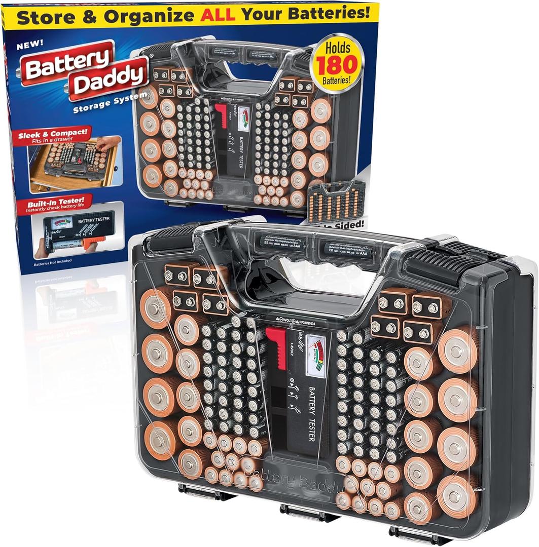 Battery Daddy Storage & Organizer Case w/Tester, Stores & Protects Up to 180 Batteries, Double-Sided, Clear Locking Lid, Secure Latches & Portable Carrying Handle - Charcoal (Batteries Not Included)