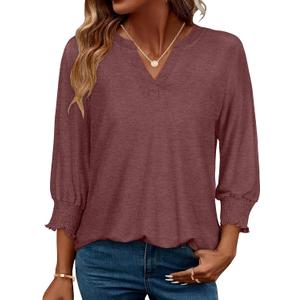 3/4 Sleeve Tops for Womens V Neck T Shirts Dressy Casual Tunic Blouses (M)