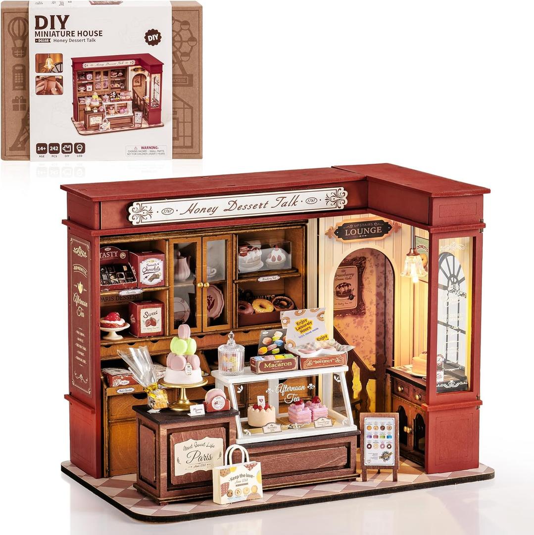 ROBOTIME DIY Miniature House Kit, Mini Wooden Dollhouse Kit for Adults, Building Kit with LED Light, Diorama Model,Halloween/Christmas/Birthday Gifts for Family/Friends (Honey Dessert Talk)