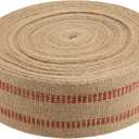 KEILEOHO 3.5 Inches x 33 Yards Upholstery/ Craft Jute Webbing, Natural Chair Webbing with Red Stripes, Burlap Fabric Webbing Tape for Craft, Decoration, Furniture Repair