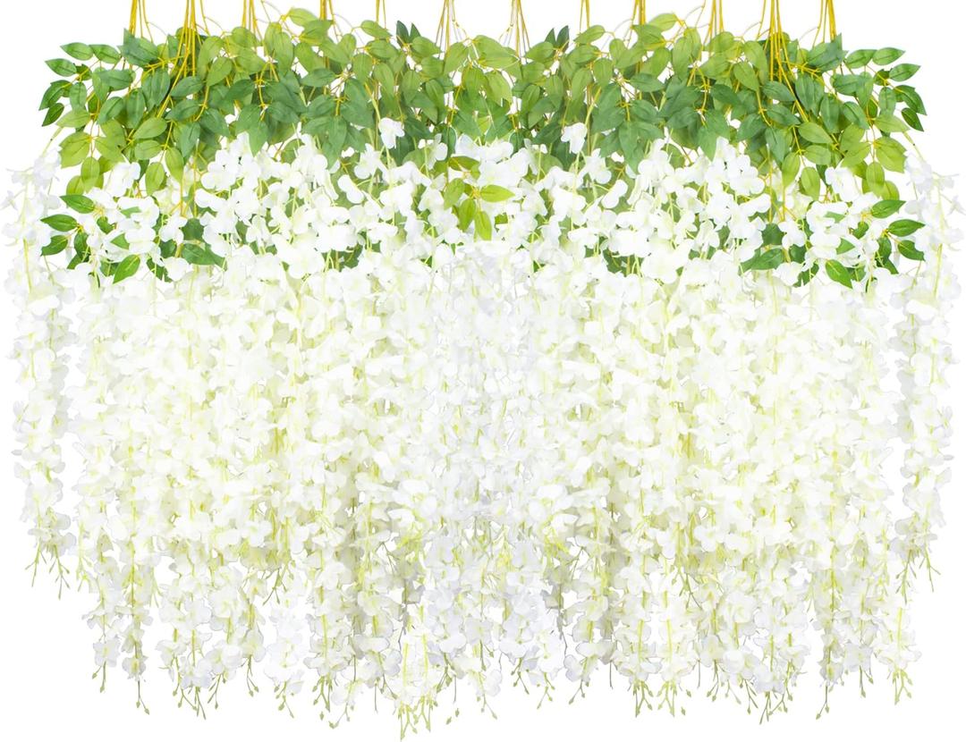 24 Pack Artificial Fake Wisteria Vine Rattan (3.75 Feet) Hanging Garland Silk Flowers String Home Party Wedding Decor (White)