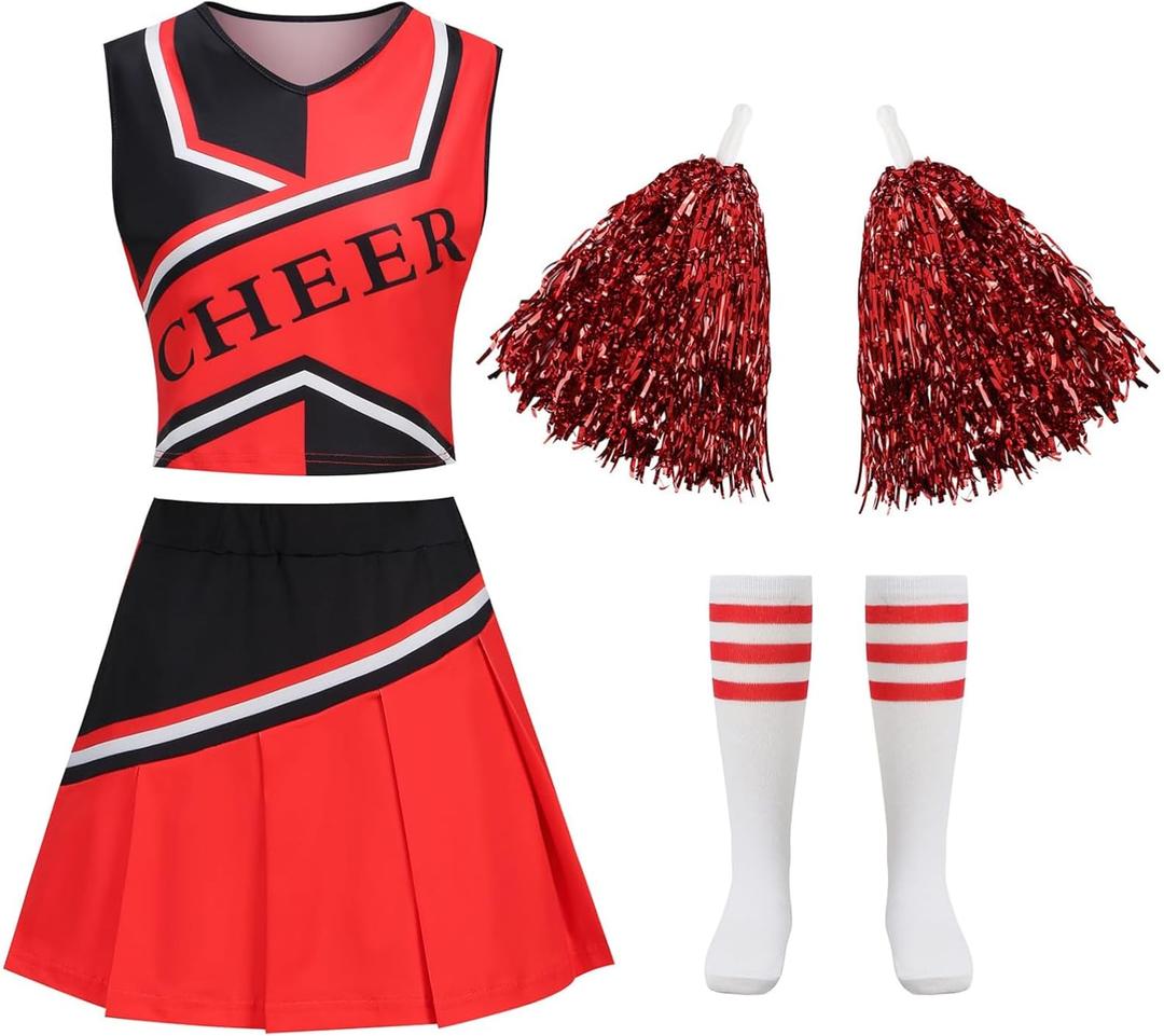 Cheerleader Outfit for Women Red Cheerleader Costume 4PCS Cheerleading Complete Outfits Party Halloween (Large)