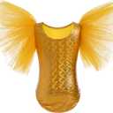 ODASDO Gymnastics Leotard for Girl Tulle Sleeve One Piece Bodysuit Glitter Shiny Metallic Ballet Dance Top Halloween Costume (Gold)