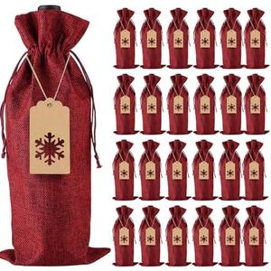 24 Pcs Burlap Wine Gift Bags, Jute Drawstring Wine Bottle Covers with Ropes and Tags for Christmas, Wedding, Travel, Birthday, Holiday Party