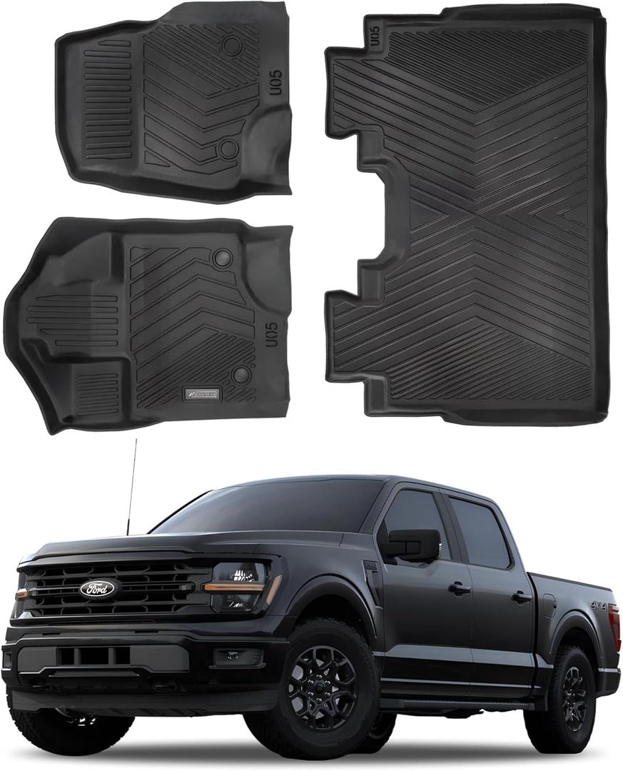 Compatible with Ford F-150 2015-2024  All-Weather Custom Fit Floor Mats, Heavy Duty TPE Car Mats Full Set for SuperCrew Cab