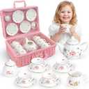 Porcelain Tea Set for Toddlers, Tea Party Set for Little Girls, Pink Floral Teapot Cup Saucer Carry Case, Princess Party Pretend Play Kids Toys, Toddler Girl Birthday Gifts Age 3 - 8 Years Old