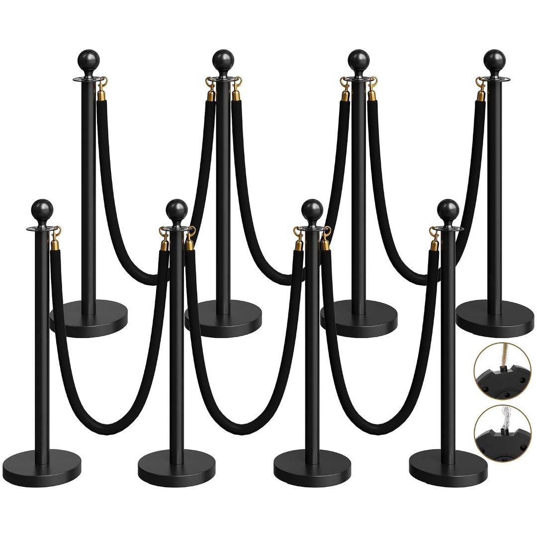 8 Pack Black Stanchions and Velvet Ropes Set, Stainless Steel Crowd Control Barriers, 6Pcs Black Ropes and Poles for Party Supplies,Photobooth Accessories, Prom,Birthday,Business,Wedding, Museums