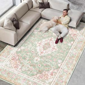 Vhong Washable Area Rugs Boho Vintage Modern Neutral Large Carpet Green and Pink High Traffic Rugs 57 for Dinning Room Living Room Bedroom Farmhouse Non Slip (5'7', Green/Pink)
