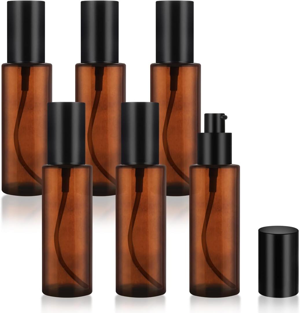 6 Pcs 60ml/2oz Amber Glass Pump Bottles Refillable Lotion Dispenser Cosmetic Sample Storage Container Vial with Black Pump Head for Liquid Foundation Soap Shower Gel Shampoo Toiletries