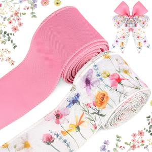 Bolsome 2 Rolls 20 Yards Pink Floral Wired Edge Ribbon Wildflowers Printed Burlap Ribbon for Gift Wrapping Bow Wreath Making for Birthday Wedding Craft Supplies