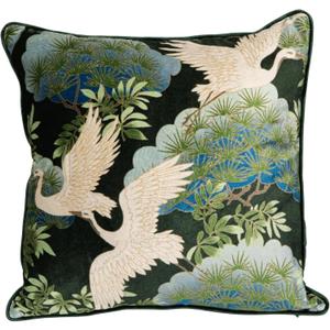 Creative Co-Op Cotton Blend Velvet Printed Pillow with Cranes and Piping, Multicolor, Green