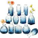 Bud Vases Set of 12, Gradient Blue Glass Vase Vintage Flower Vase for Decor Ribbed Small Bud Vases in Bulk Cute Wedding Birthday Party Centerpieces Table Decoration Home Decor