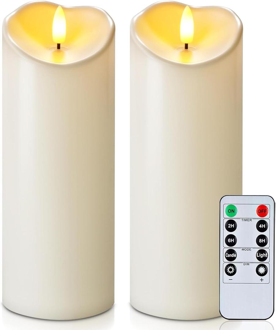 Homemory Outdoor Waterproof LED Candles, Battery Operated with Remote and Timers, Electric Fake Plastic Pillar Candles, Ivory White, Set of 2 (D3"xH8"8")