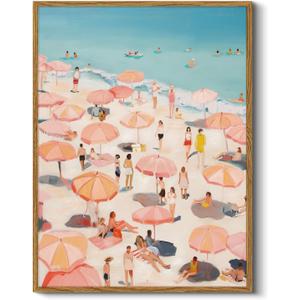 HUARCEY Colorful Seaside Vacation Vibes 12x16 Framed Canvas Wall Art, Retro People and Pink Umbrellas Summer Coastal Print, Tropical Beach Scene Bathroom Home Cafe Storefront Decor