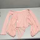 Lightweight Pink Long-Sleeve Blouse With Draped Asymmetrical Hem And Gathered Sleeves. Soft Stretchy Fabric, Flowy Feminine Silhouette Great For Layering Or Casual Wear, Size Small