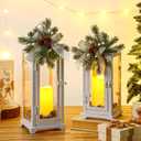 Baquler White 2 Pcs Christmas Metal Candle Lantern and LED Fake Candles 12'' and 15'' Decorative Lanterns with Xmas Ornament Porch Lanterns Indoor Outdoor Decoration Party Gift