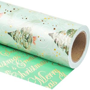 WRAPAHOLIC 30 Inch Jumbo Reversible Green Christmas Wrapping Paper - 30 Inch x 33 Feet - Watercolor Green Christmas Tree Wrapping Paper with Metallic Foil Shine for Holiday, Party, Celebration