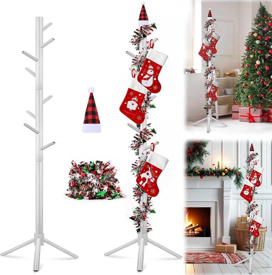 Christmas Stocking Holder Stand, 71 Inch Adjustable Christmas Stocking Holder Stand for Floor, Wood Freestanding Stocking Holder with 8 Hooks Included Metallic Tinsel Twist Garland & Christmas Hat